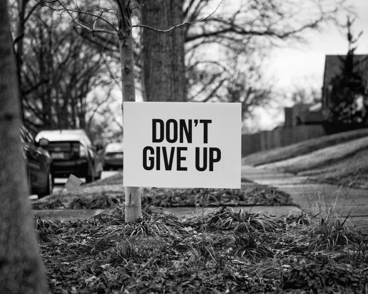 a dont give up sign sits in the grass