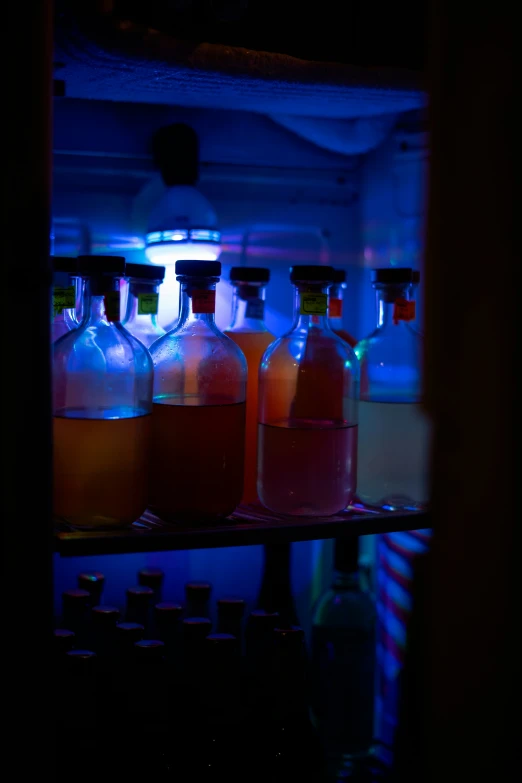 bottles filled with liquid in a dimly lit room