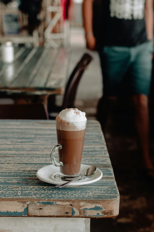 cup of coffee and a spoon on a wooden table