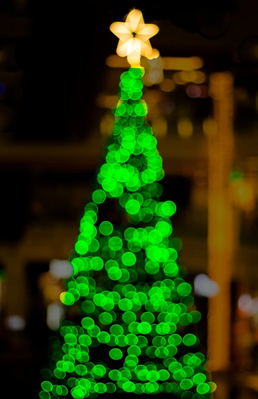 the lights on a christmas tree reflect green