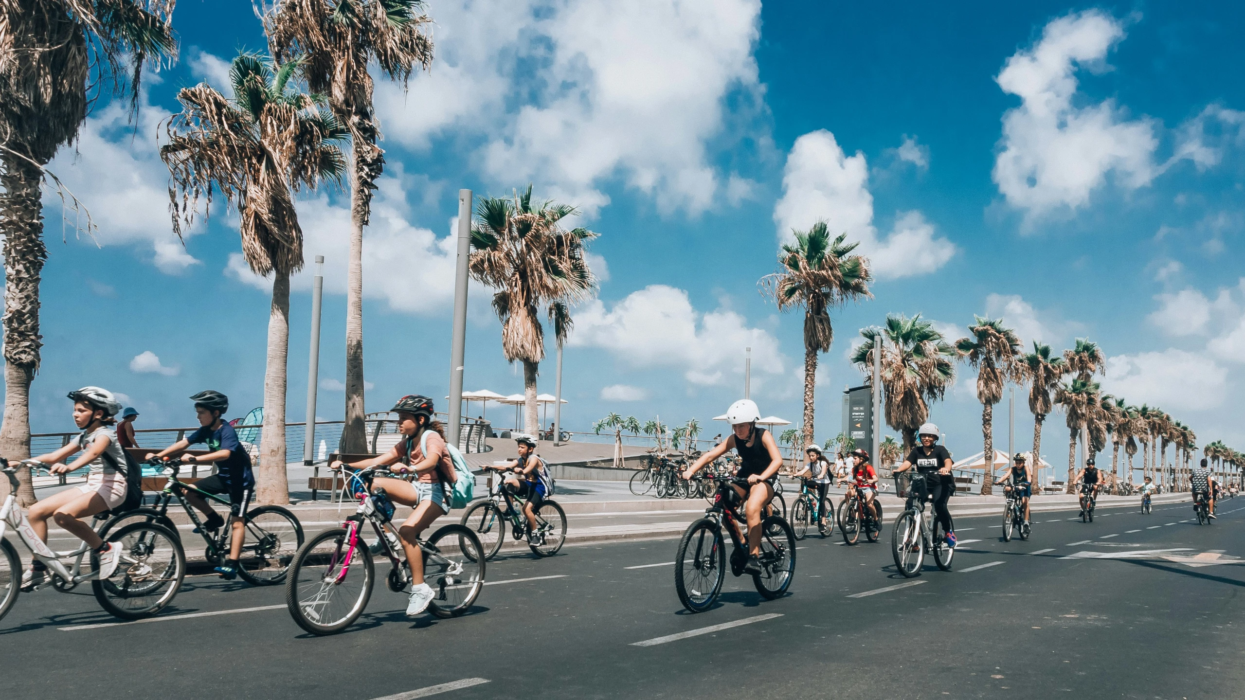 several people riding bikes on a paved road