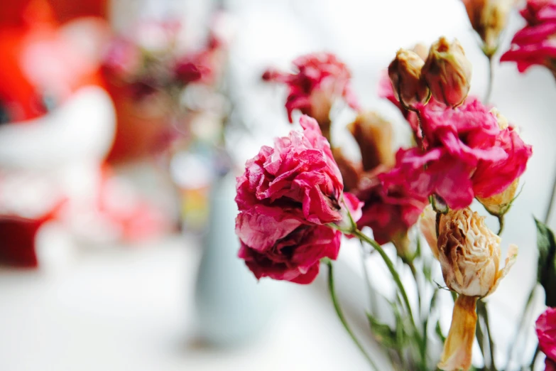 the small pink flowers are being placed in the vase