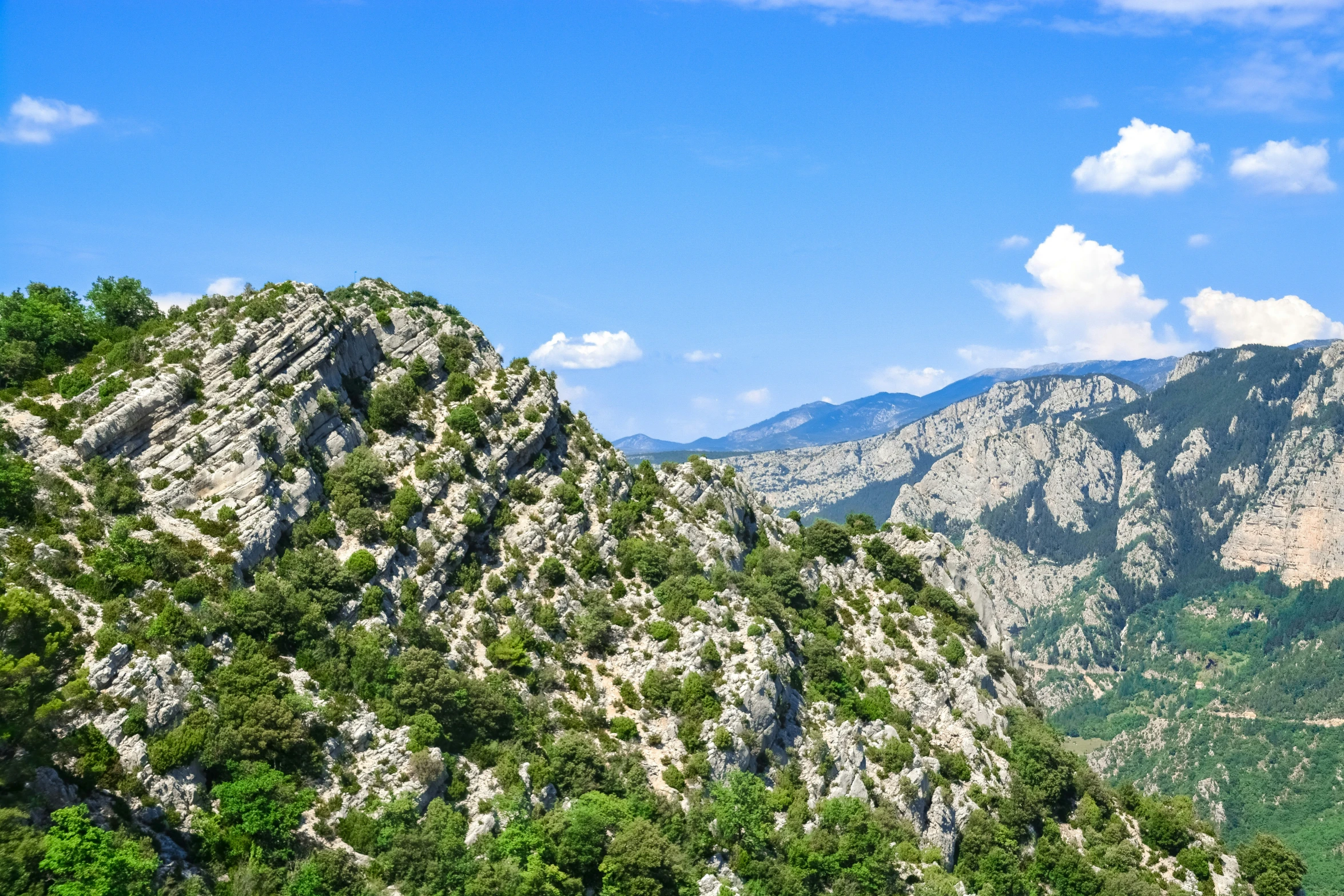 a group of mountain with rocks and greenery in the foreground