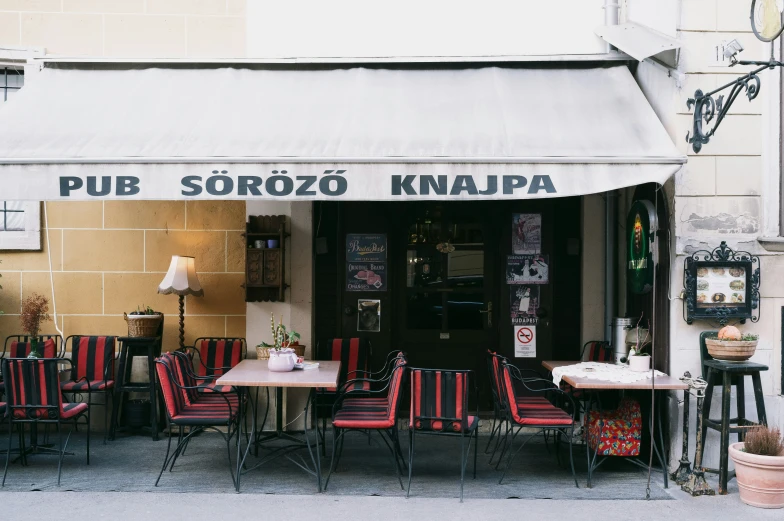 a restaurant that has several tables and chairs outside