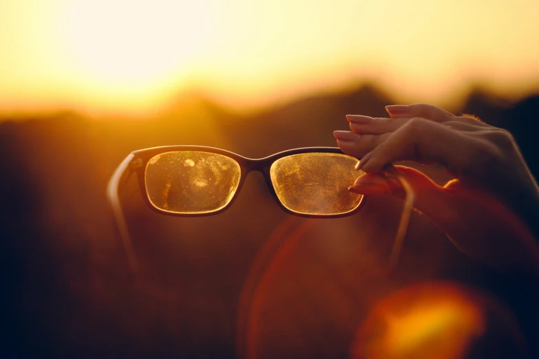 someone holds their glasses up for the sun