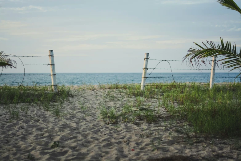 a gated area next to the ocean in front of a barbed wire fence