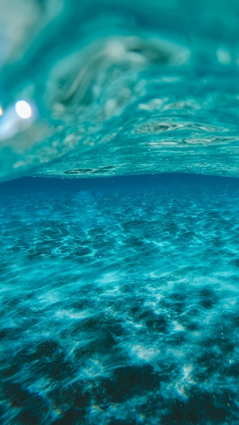 underwater view looking down into water with sun light shining on it