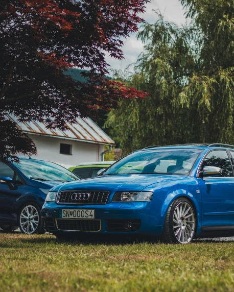 blue car sitting in the grass beside two other cars