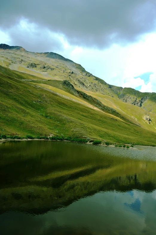 a mountain lake with hills in the background