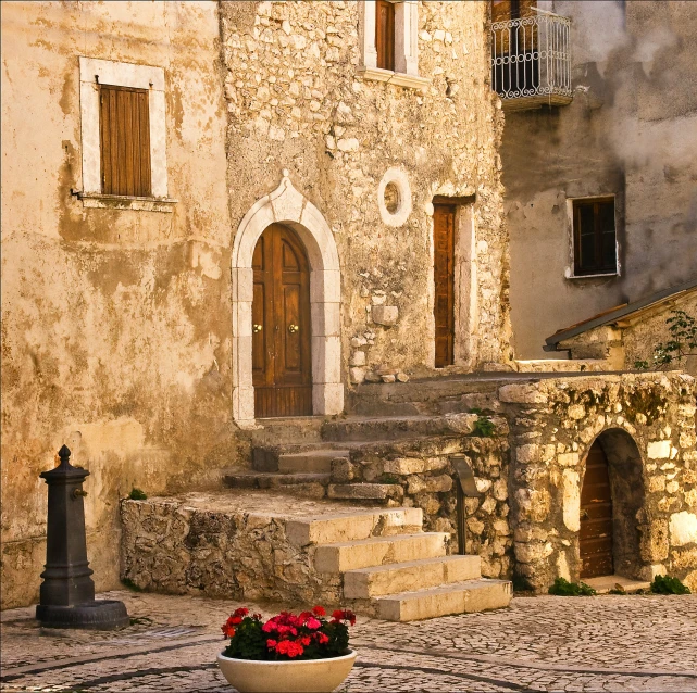 a stone house and the front door is made of windows