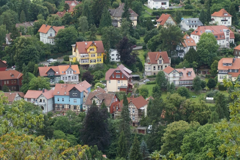 many houses in the village are yellow and blue