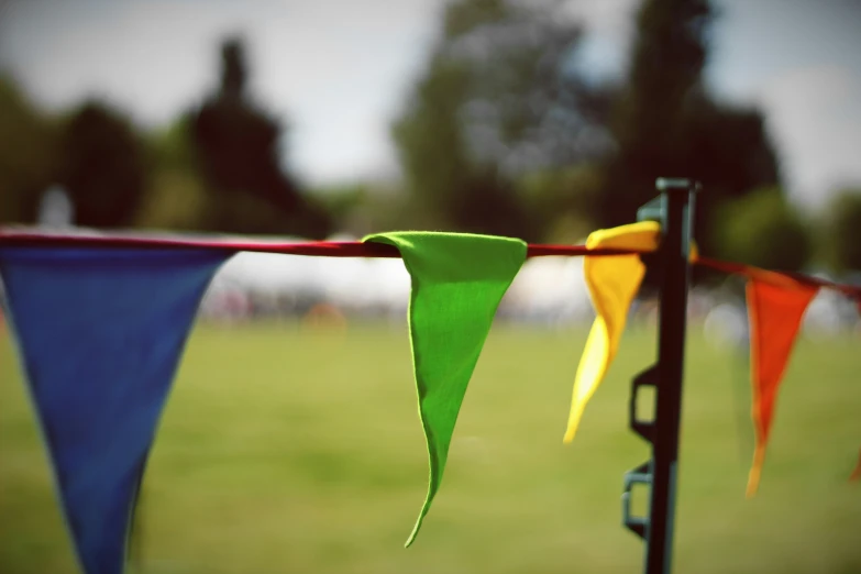 colorful flags in a field with a blurred background