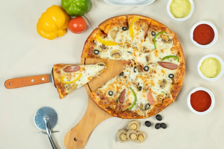 pizza on  board with condiments and knife