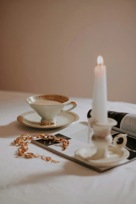 a cup, saucer and small candle on a table