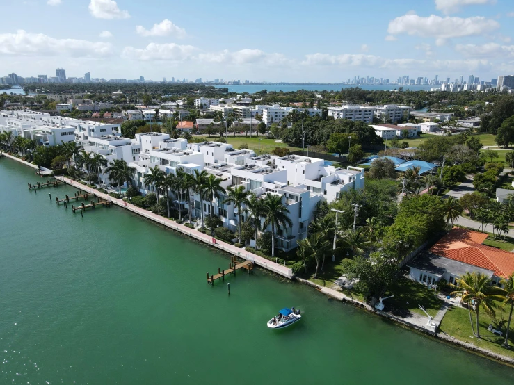 an aerial view of the waterfront area and waterfront houses