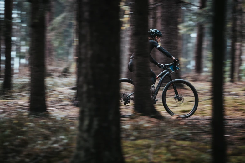 a man riding his bicycle through the woods