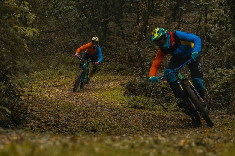 two men are racing on their bicycles in the woods