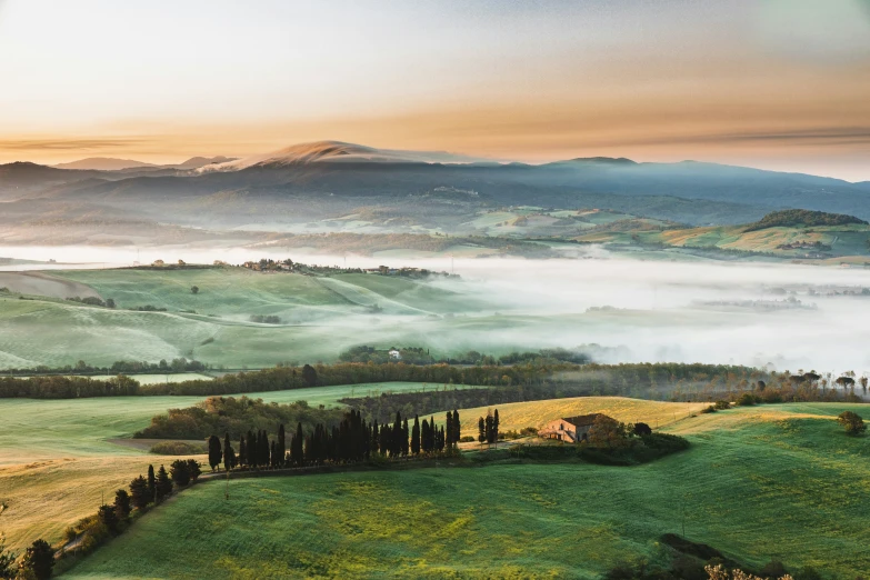 a green field with mist in the mountains