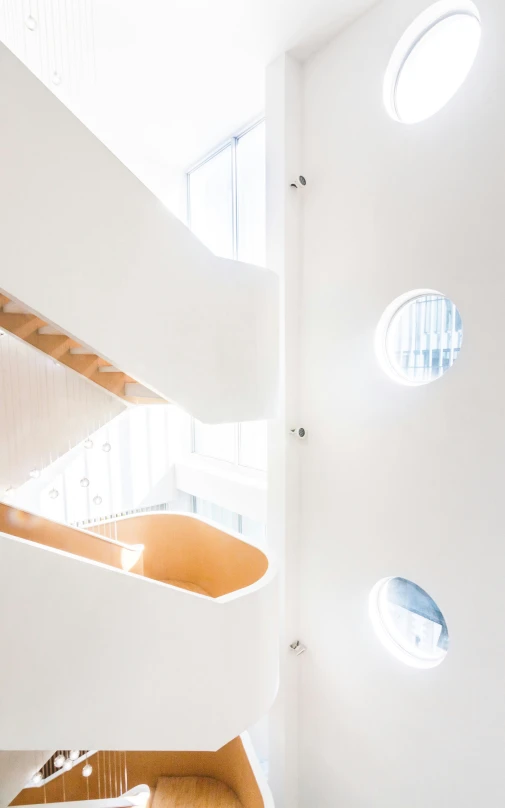 the spiral staircase in a museum displays circular windows