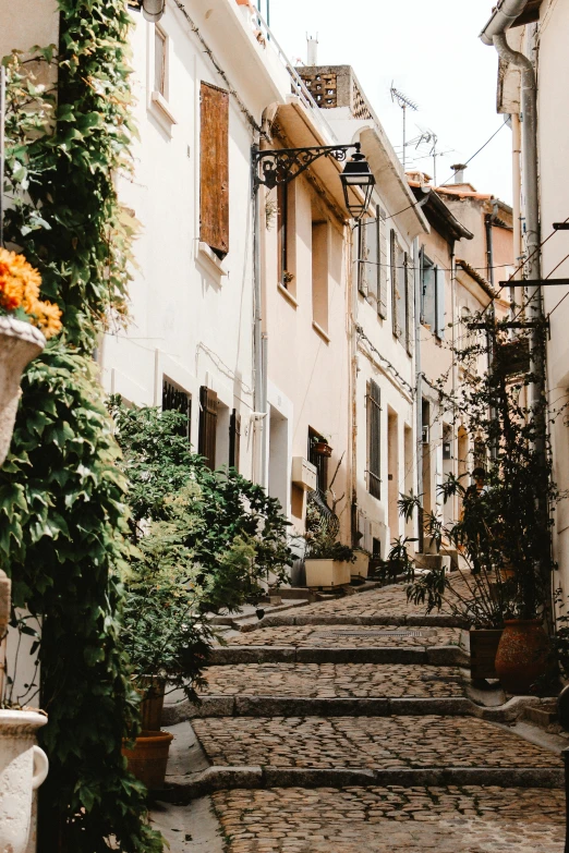 a narrow cobblestone street with many stairs