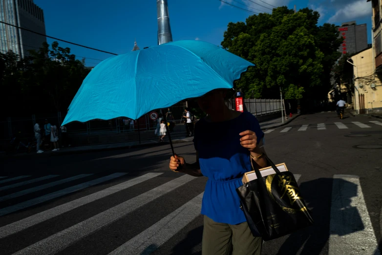 a woman with an umbrella walking down the street