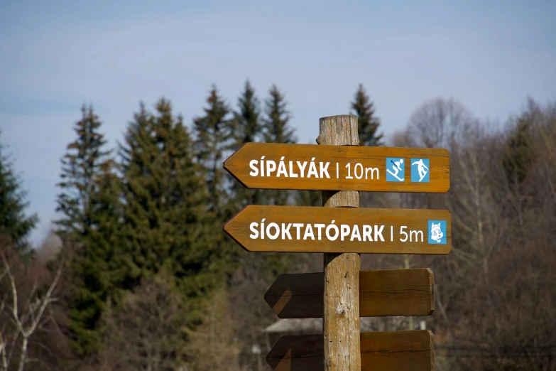 multiple street signs at a crossroads near some trees