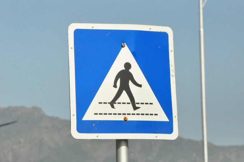 a pedestrian crossing sign with a plane flying in the background