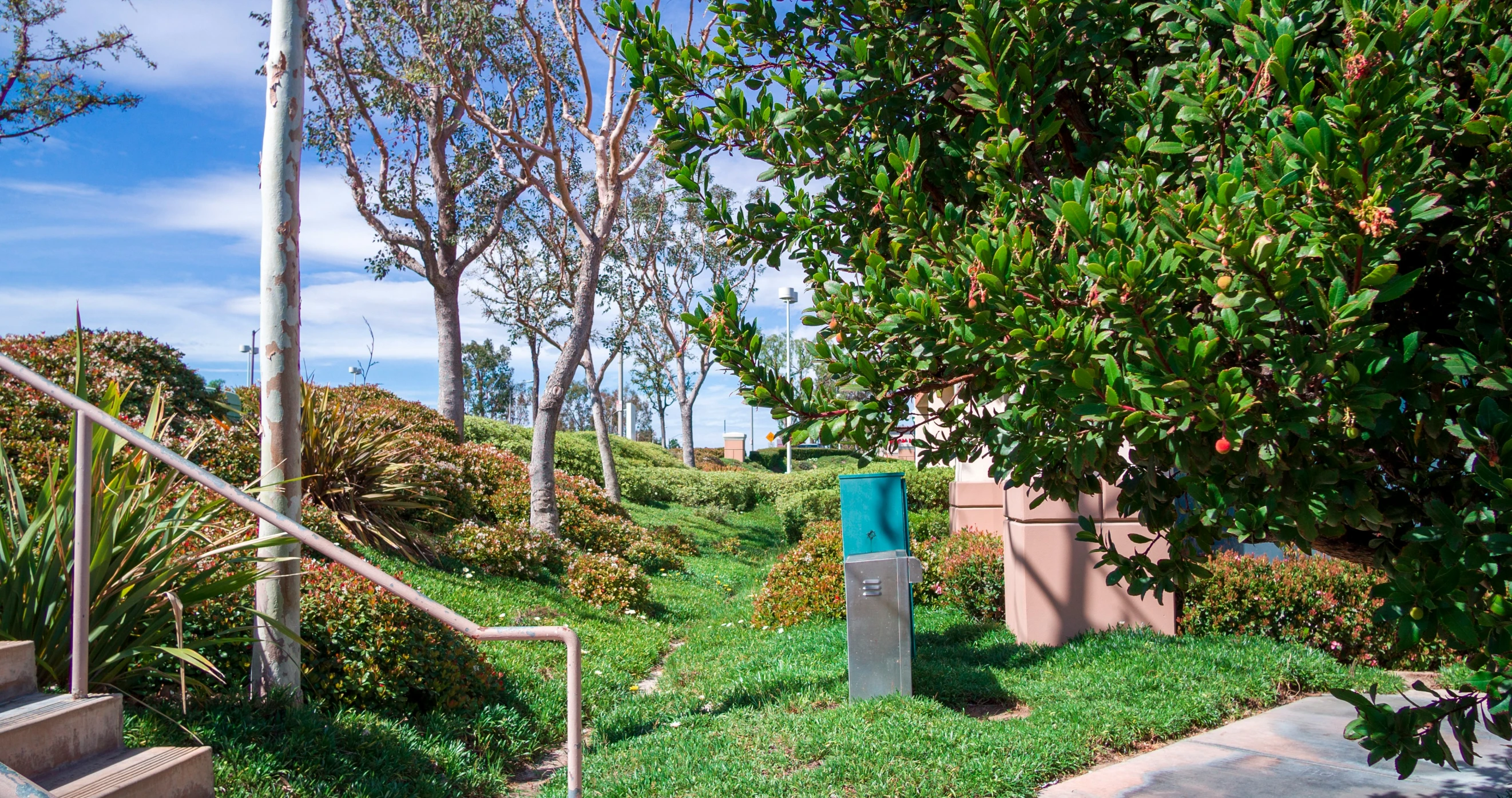 the steps lead to a park near the beach