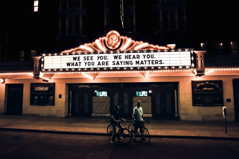 two bicycles parked in front of a theater