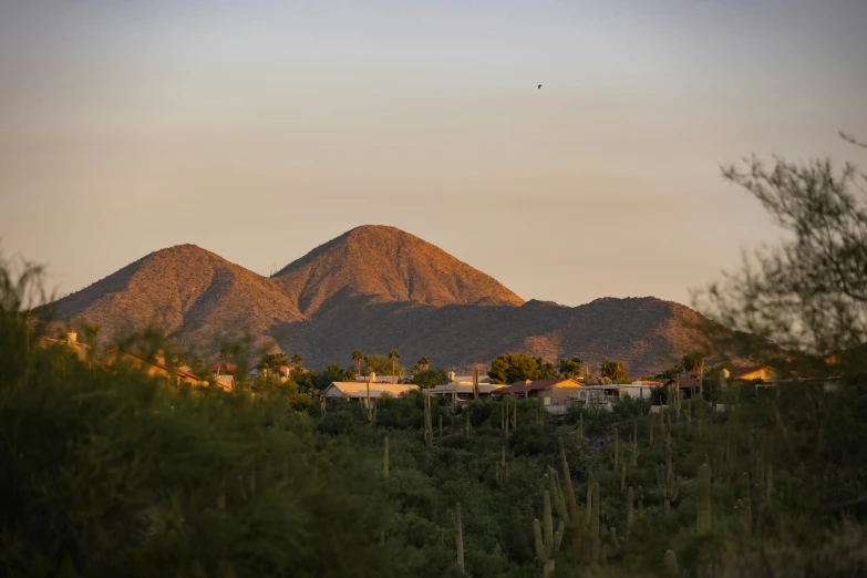 a city at dusk with mountains in the background