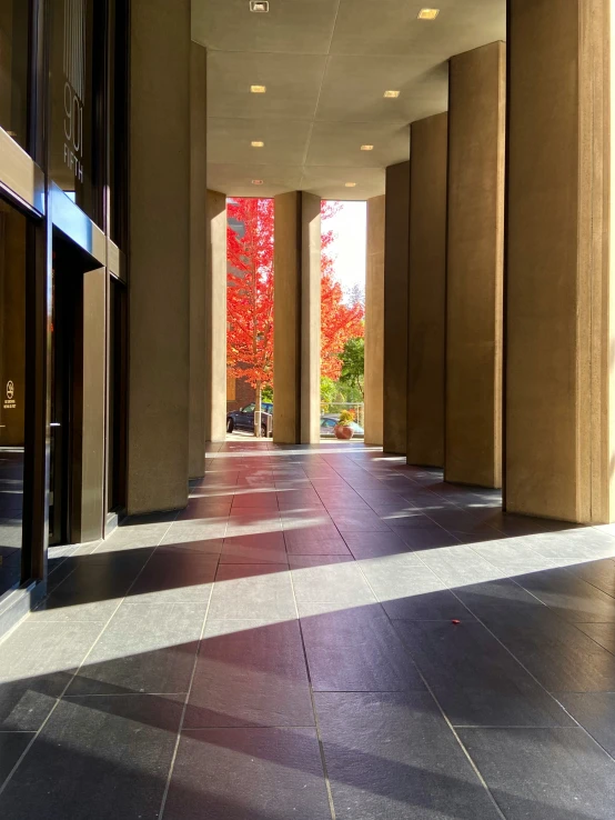 the sidewalk in front of an entrance to some buildings