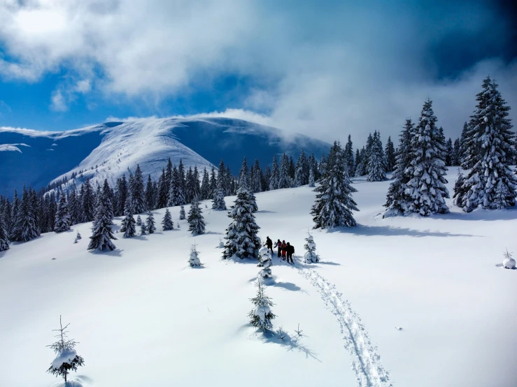 a group of people standing on top of a snow covered slope