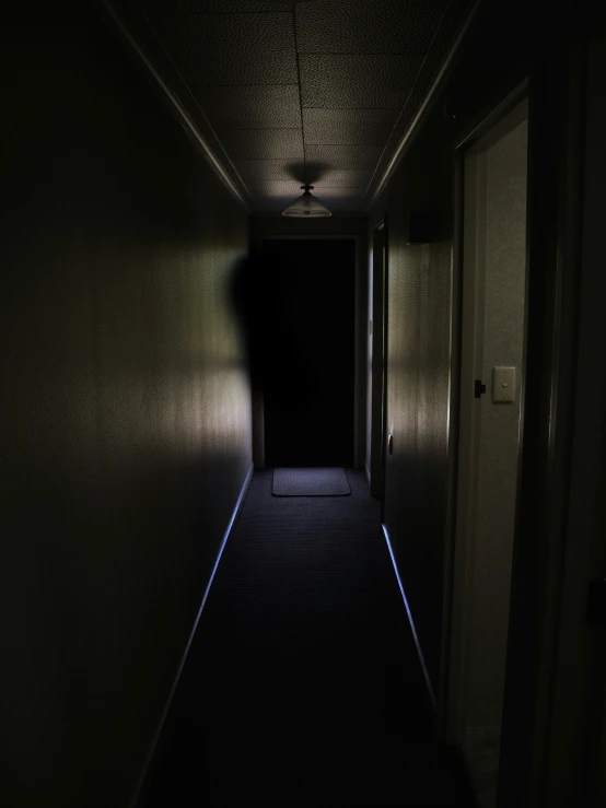 a hallway with dark walls and a light shining down
