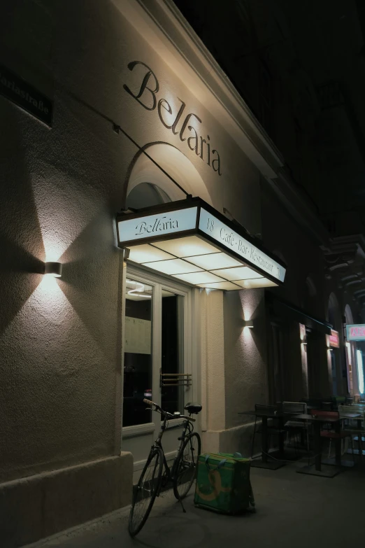 a bike sits outside of the italian eatery