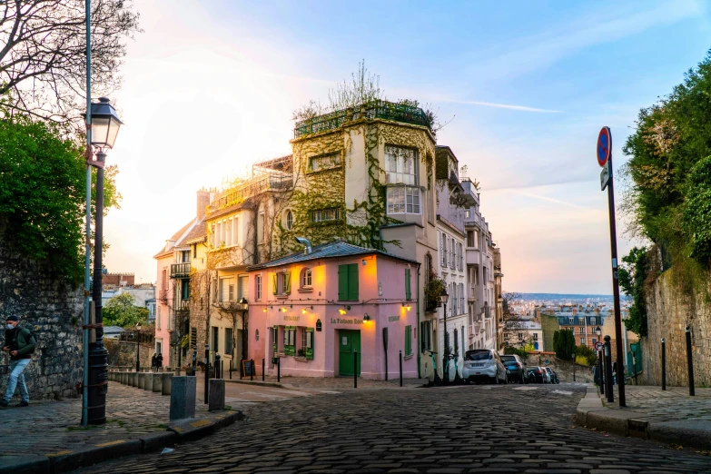 two buildings with plants growing on them along a street