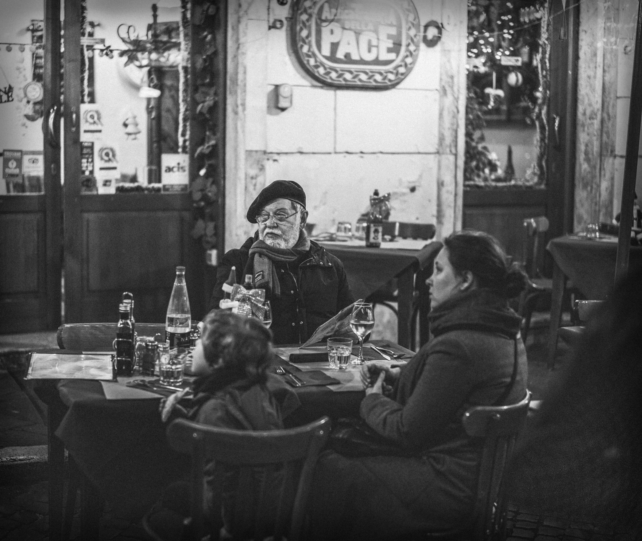 black and white image of two women at a table