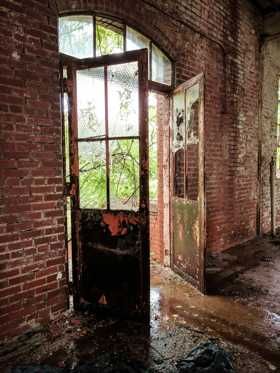 a window a black door some plants and bricks