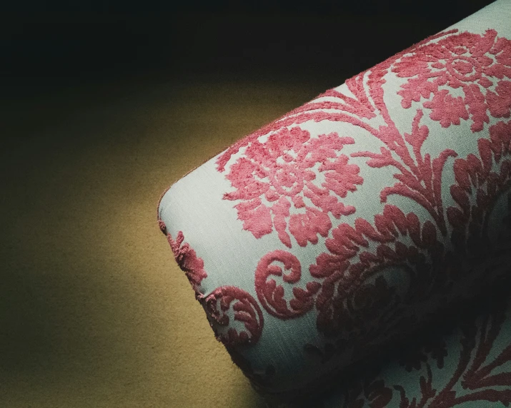 closeup of a red and white flowery print on a fabric
