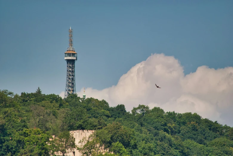 a large tower with a bird flying in the air