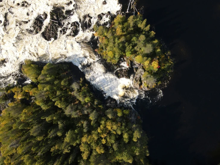 an aerial s shows some water flowing over trees