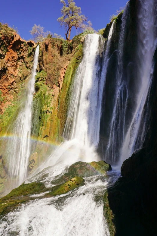 waterfall with two rainbows near by and trees