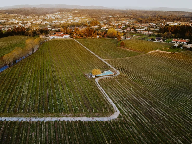 an aerial view of a plowed, farm area and a road