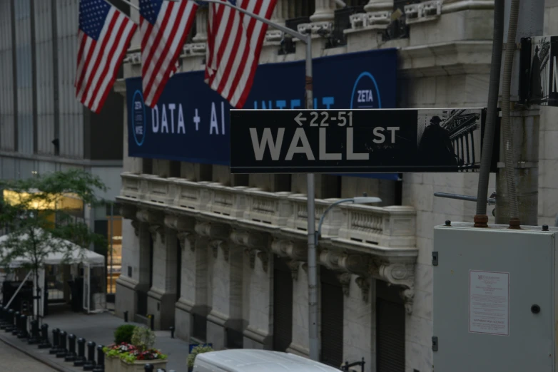 street signs with flags in the background on the side of a city building