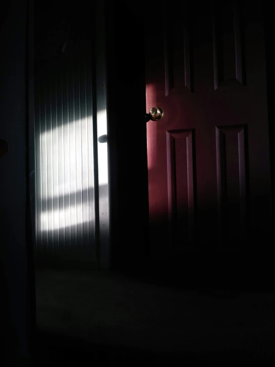 the light shines from behind the blinds on the door