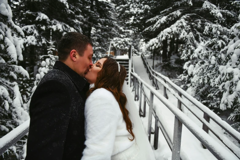 a bride and groom kissing outside on a snowy day