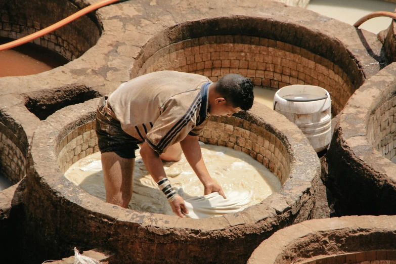 there is a man making bread in the oven