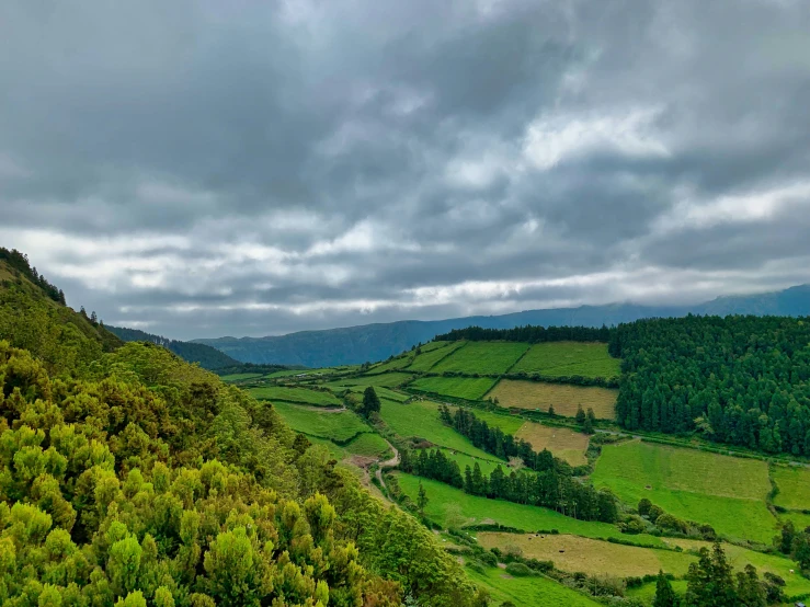 the hillside and valley of farmlands under a cloudy sky
