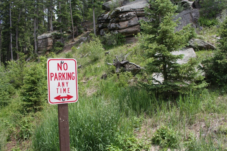 a no parking sign on a path next to rocks