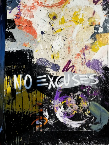 an abstract painting with a word next to the sign that reads, no hugs