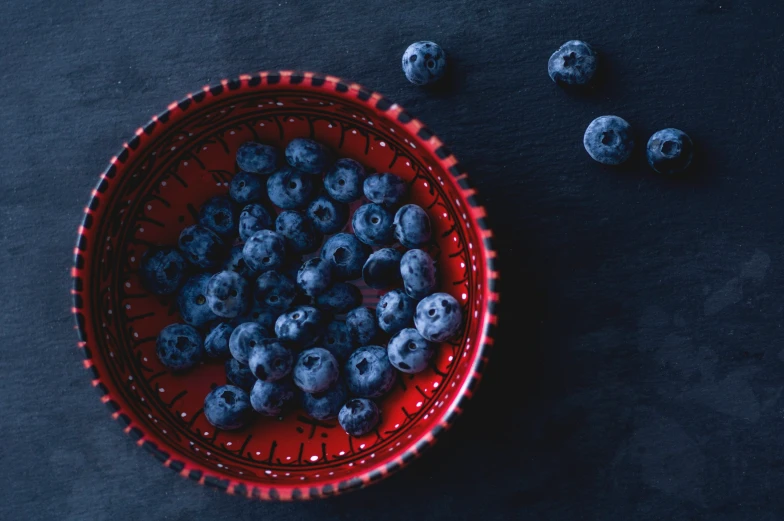 blueberries are in the bowl on the table